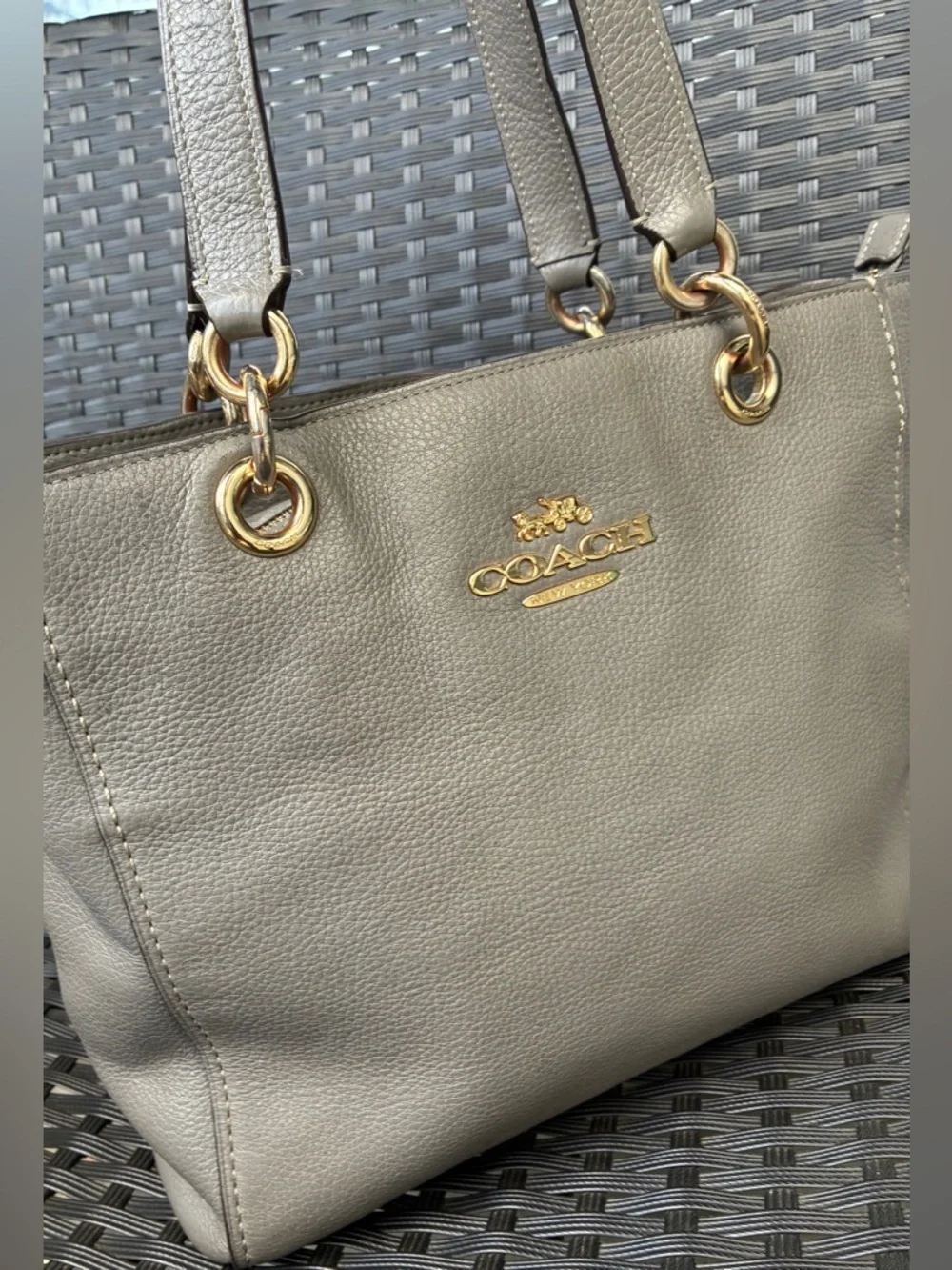 COACH Pebbled Leather Tote in Light Gray with Gold Hardware